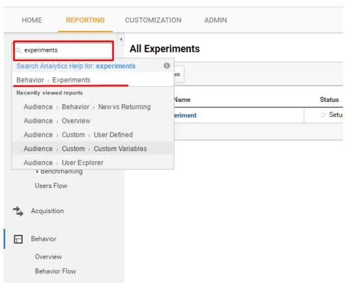 Google Analitics experiment settings