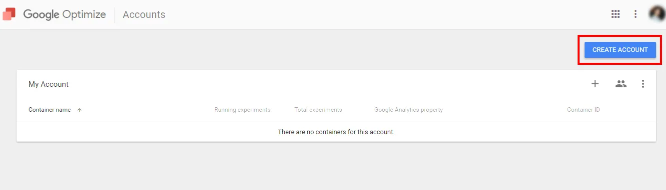 Go to Google Optimize and click on “Create account.“