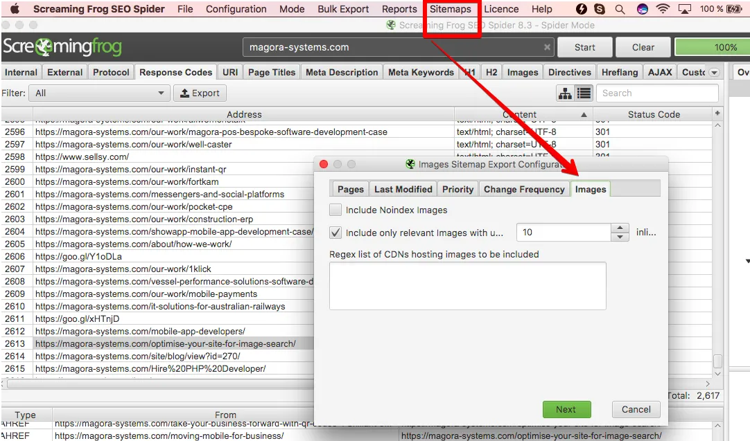 example of sitemap creation with screaming frog