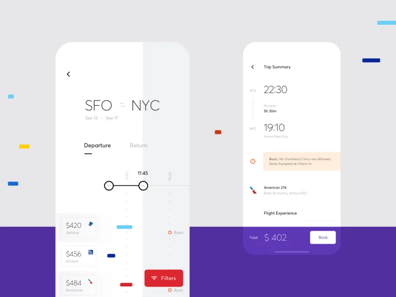 A minimalist user interface for a flight mobile app