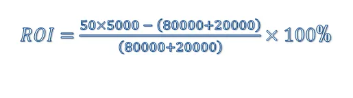 ROI={50*5000 - (80000+20000) }/ (80000+20000)*100%